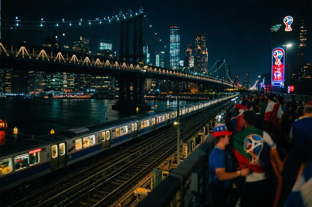 世界杯球迷在纽约与新泽西之间通勤的城市夜景